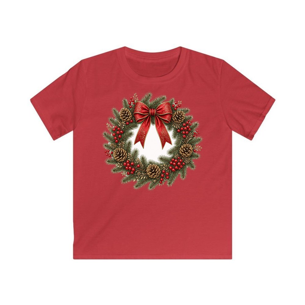 Pinecone and Berry Wreath personalised kids Christmas tee in red