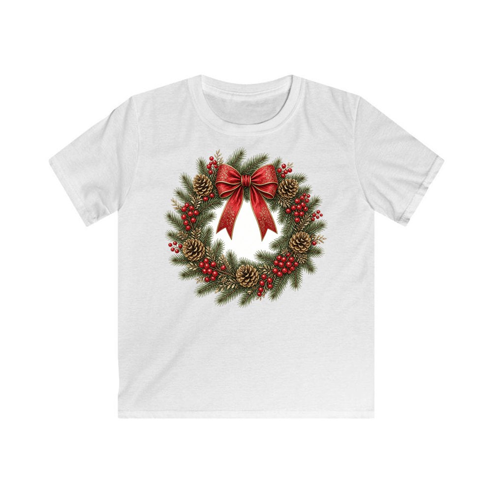 Pinecone and Berry Wreath personalised kids Christmas tee in white