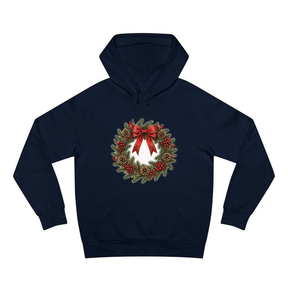 Pinecone and Berry Wreath personalised Christmas hoodie in navy