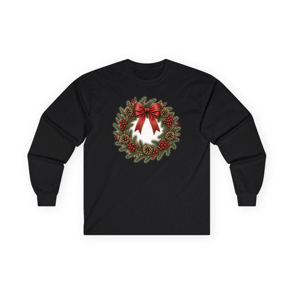 Pinecone and Berry Wreath personalised long sleeve Christmas T-shirt in black