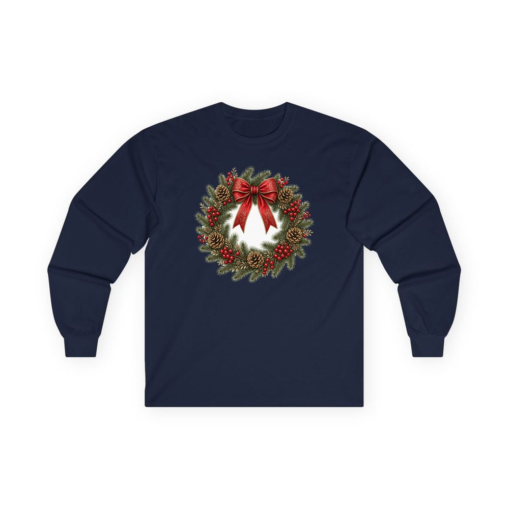 Pinecone and Berry Wreath personalised long sleeve Christmas T-shirt in navy