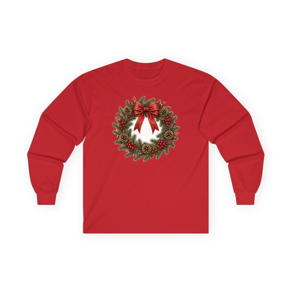 Pinecone and Berry Wreath personalised long sleeve Christmas T-shirt in red
