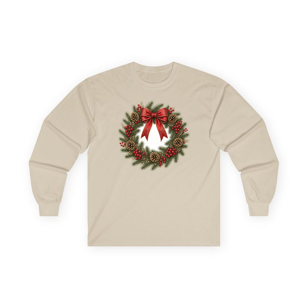 Pinecone and Berry Wreath personalised long sleeve Christmas T-shirt in sand