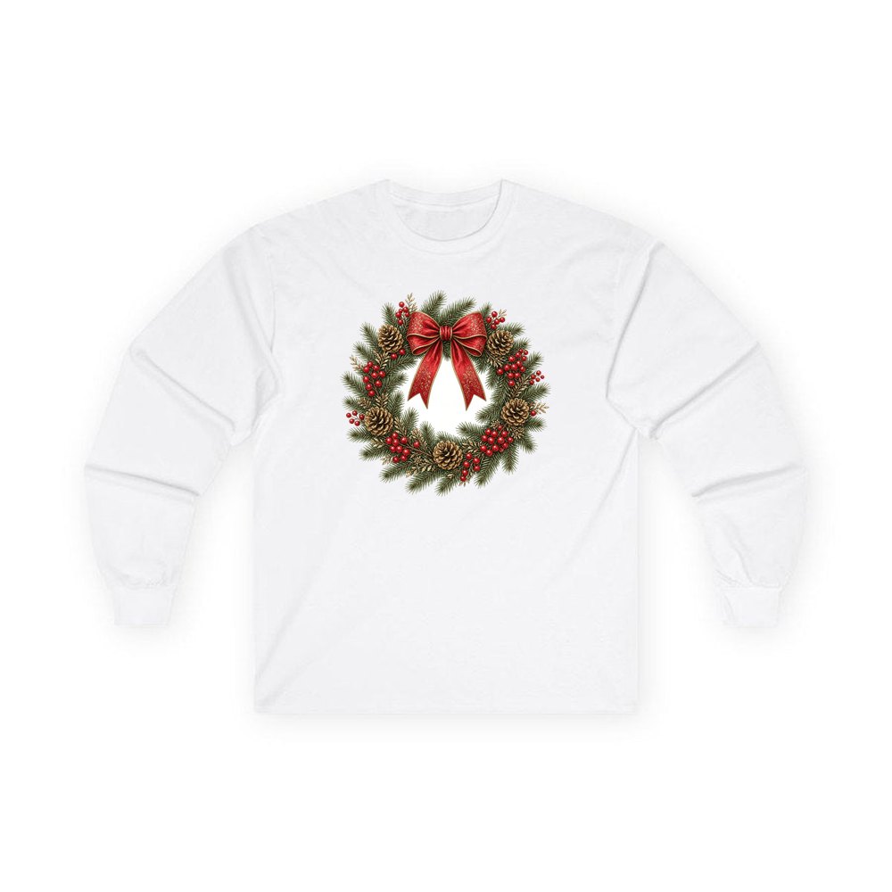 Pinecone and Berry Wreath personalised long sleeve Christmas T-shirt in white