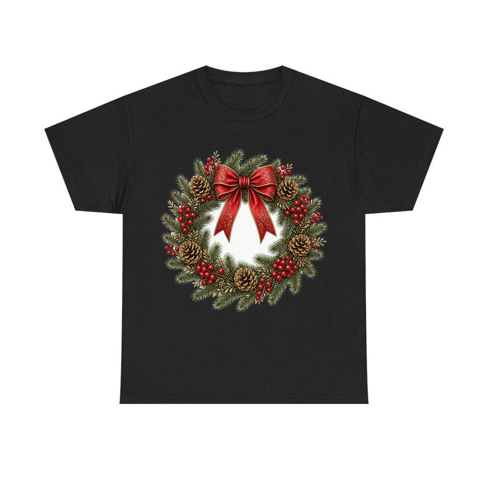 Pinecone and Berry Wreath personalised Christmas T-shirt in black