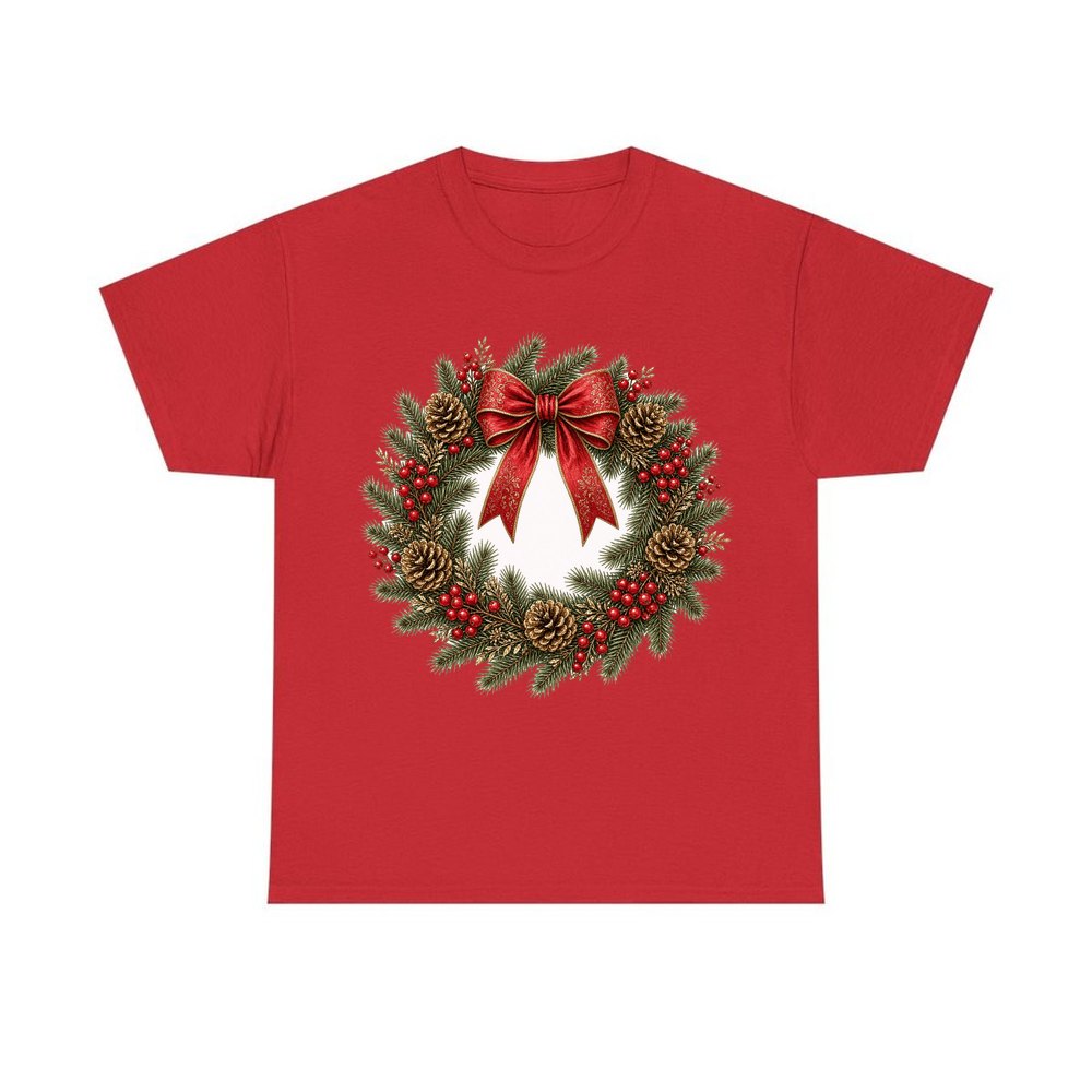 Pinecone and Berry Wreath personalised Christmas T-shirt in red