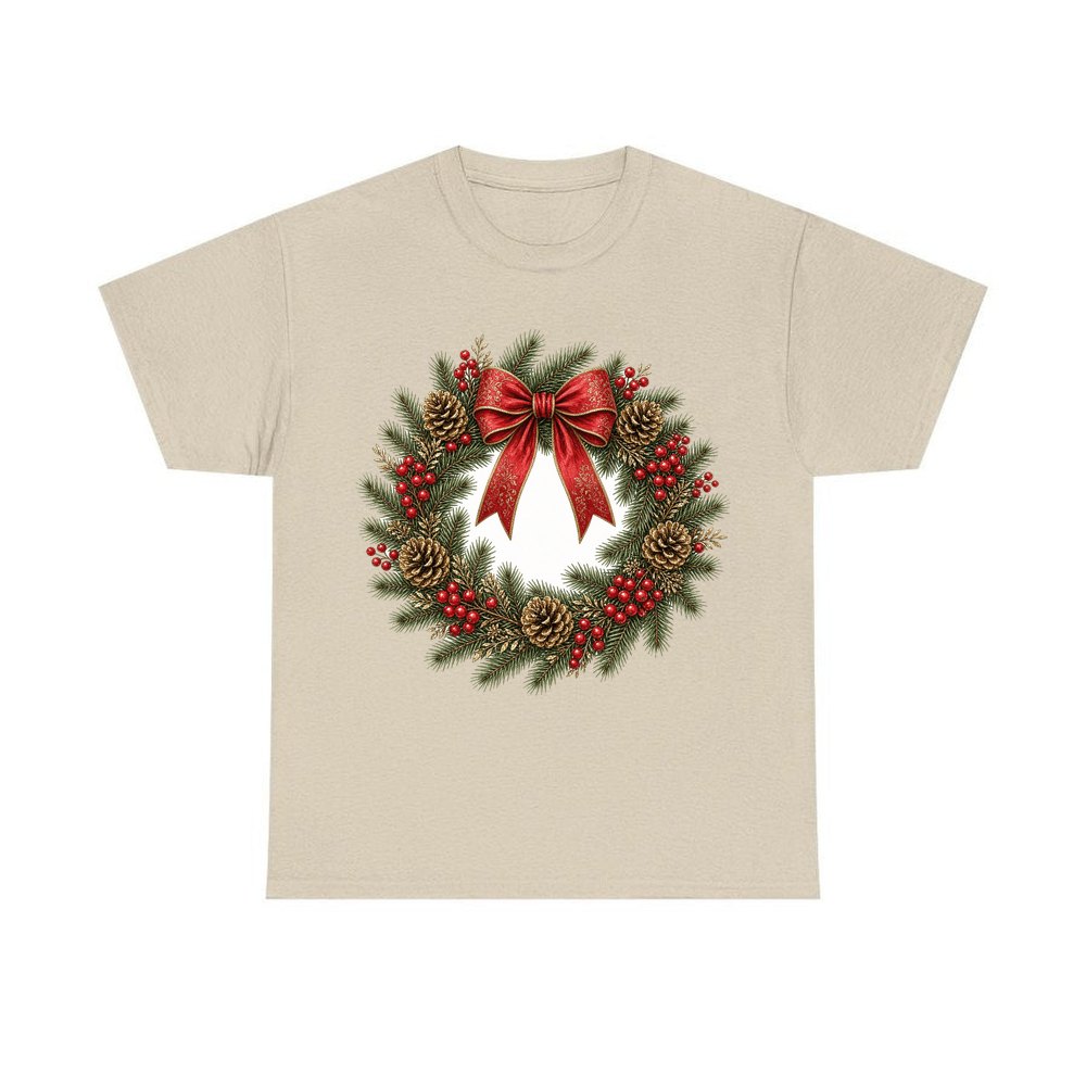 Pinecone and Berry Wreath personalised Christmas T-shirt in sand