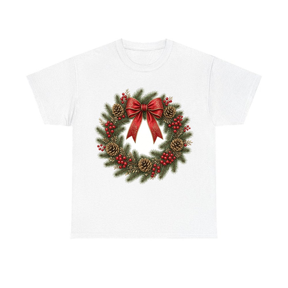 Pinecone and Berry Wreath personalised Christmas T-shirt in white