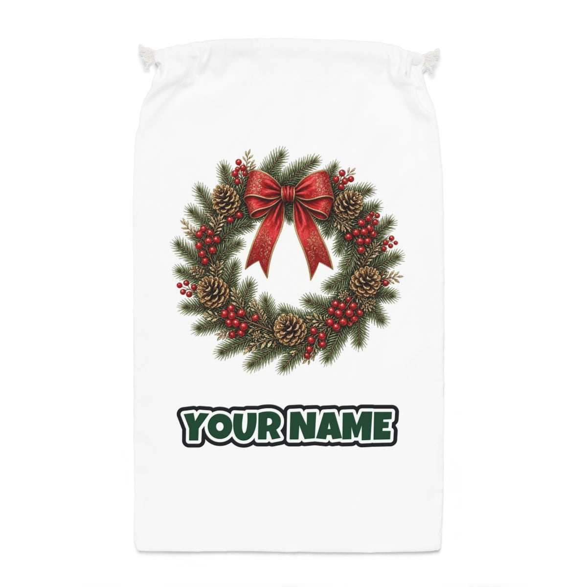 Pinecone and Berry Wreath Santa sack laid flat, showing the full print