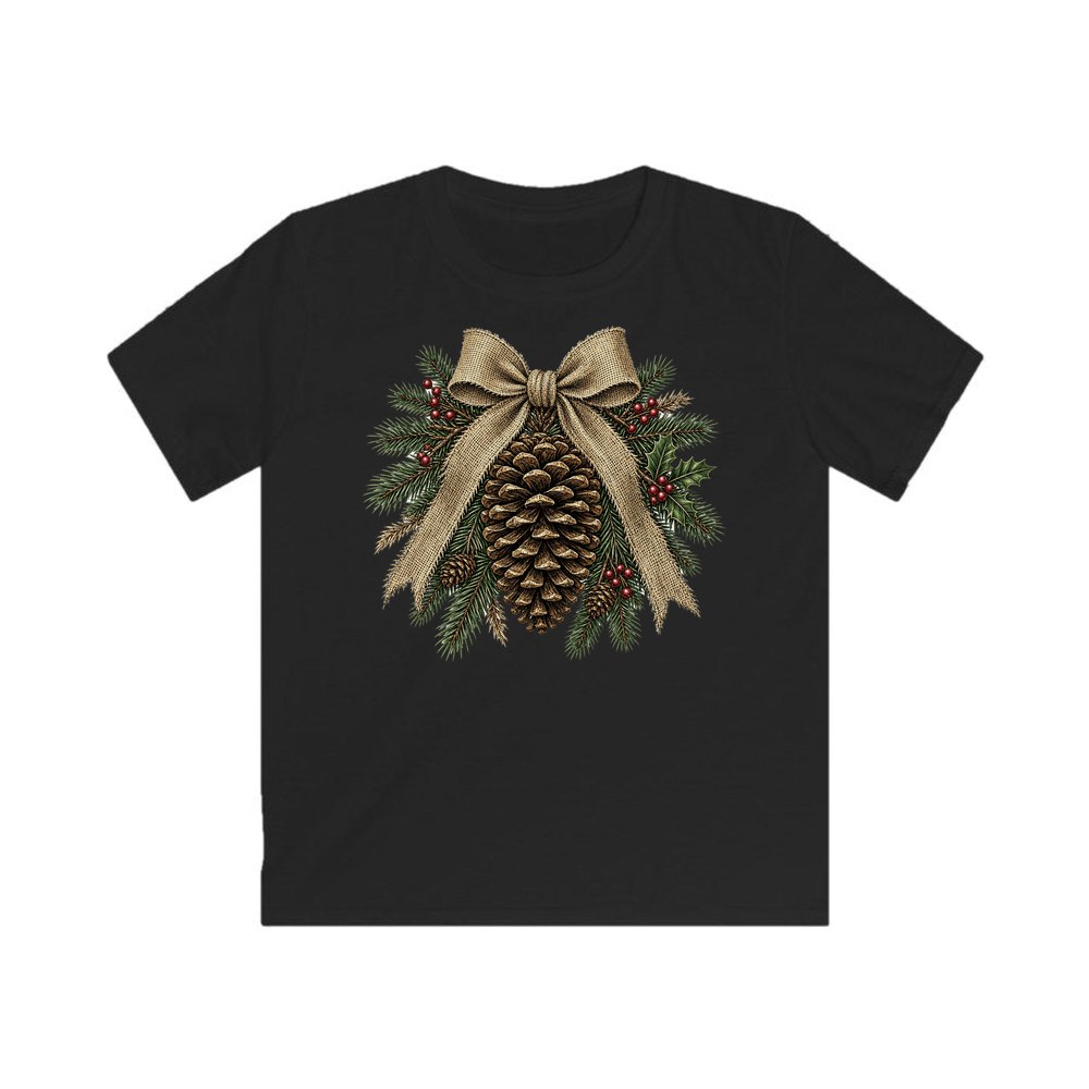 Pinecone And Hessian Bow personalised kids Christmas tee in black