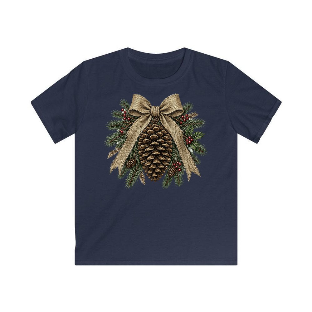 Pinecone And Hessian Bow personalised kids Christmas tee in navy