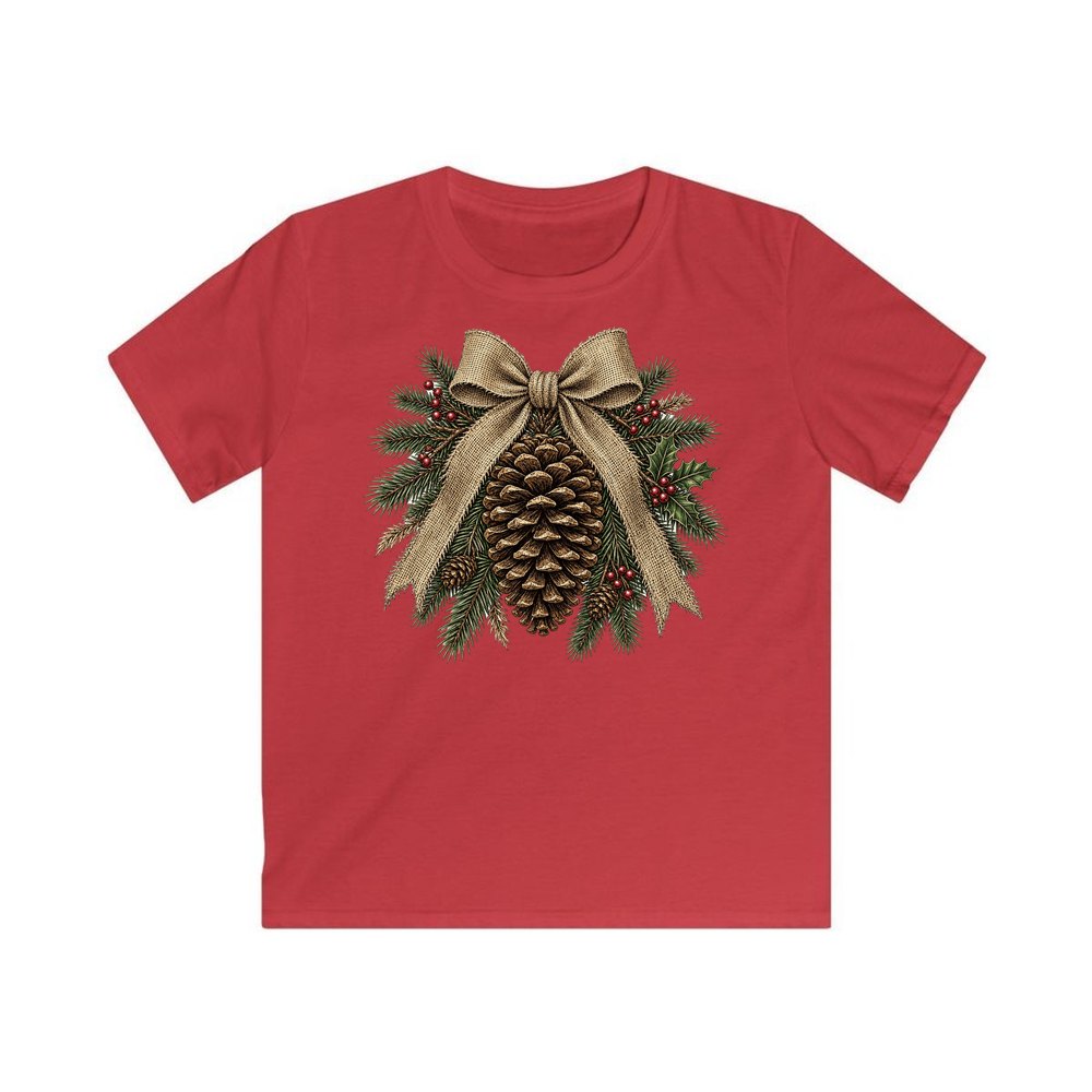 Pinecone And Hessian Bow personalised kids Christmas tee in red
