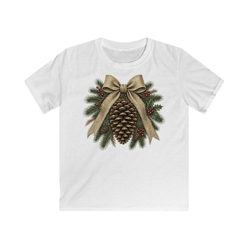 Pinecone And Hessian Bow personalised kids Christmas tee in white