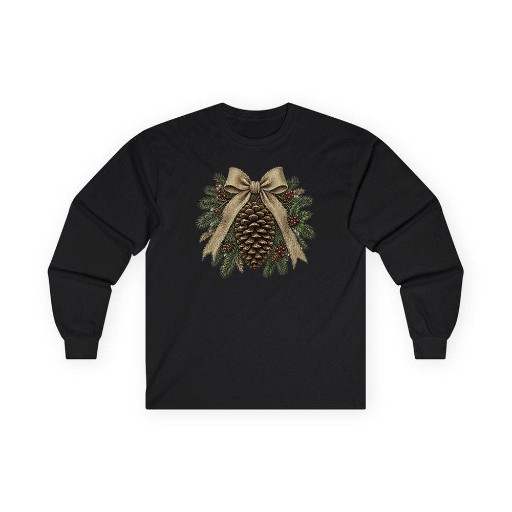 Pinecone And Hessian Bow personalised long sleeve Christmas T-shirt in black