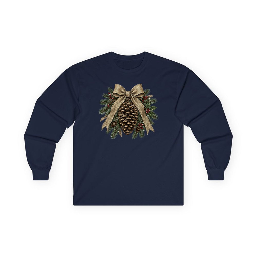 Pinecone And Hessian Bow personalised long sleeve Christmas T-shirt in navy