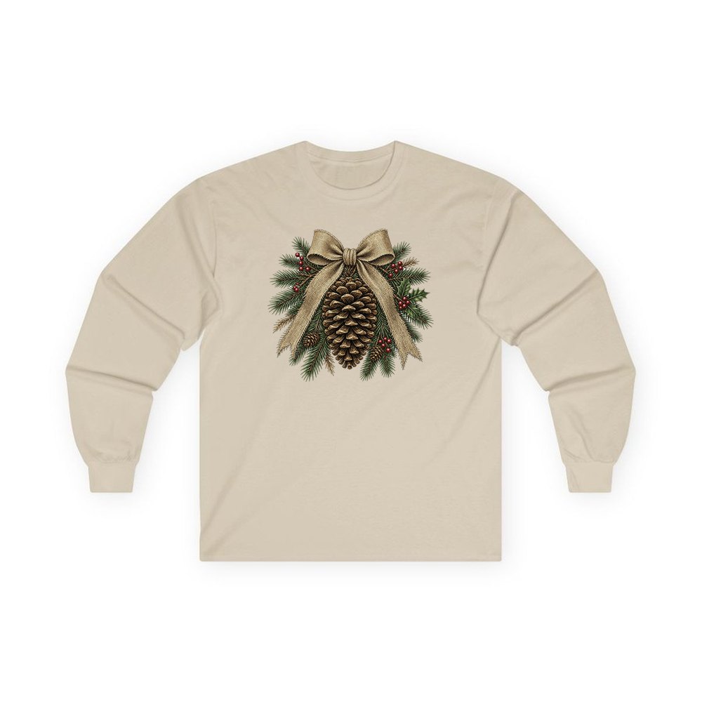 Pinecone And Hessian Bow personalised long sleeve Christmas T-shirt in sand