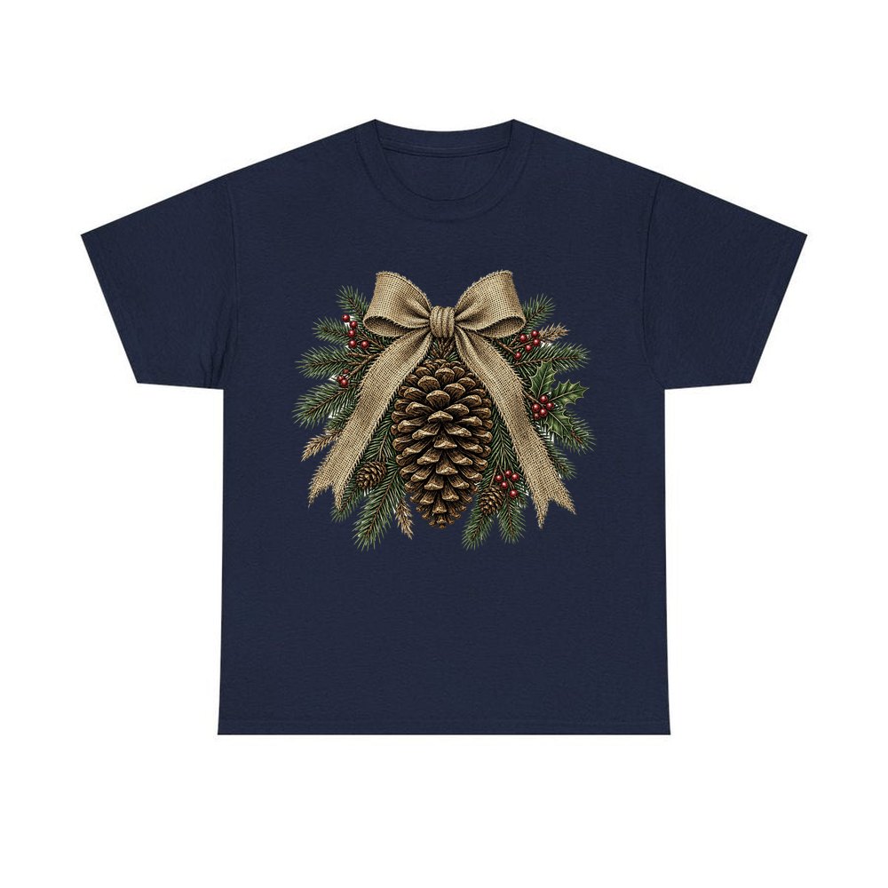 Pinecone And Hessian Bow personalised Christmas T-shirt in navy