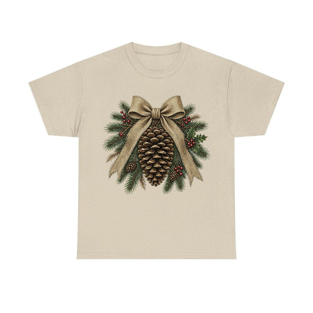 Pinecone And Hessian Bow personalised Christmas T-shirt in sand