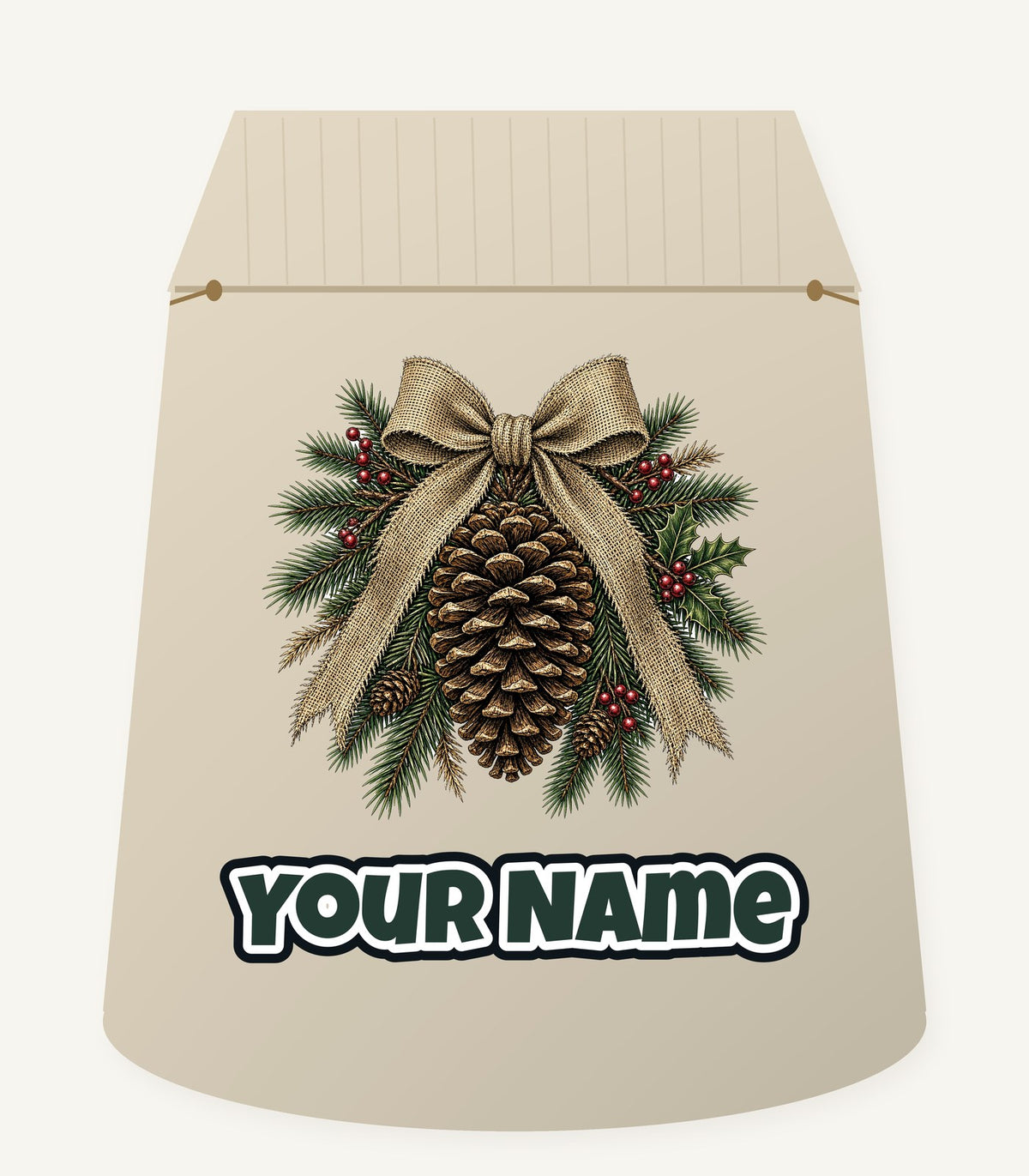 Pinecone And Hessian Bow Personalised Santa Sack