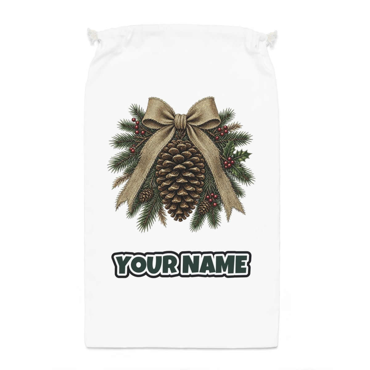 Pinecone And Hessian Bow Santa sack laid flat, showing the full print