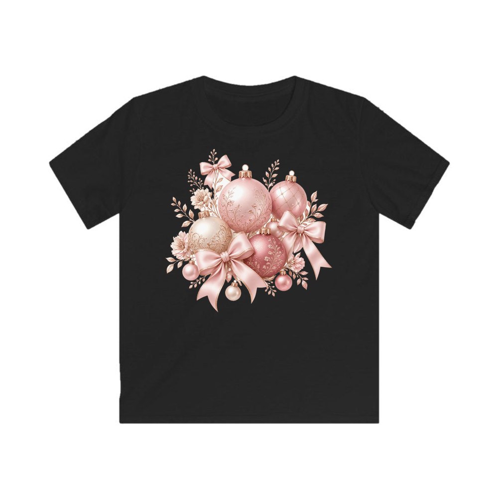 Pink and Rose Gold Baubles personalised kids Christmas tee in black