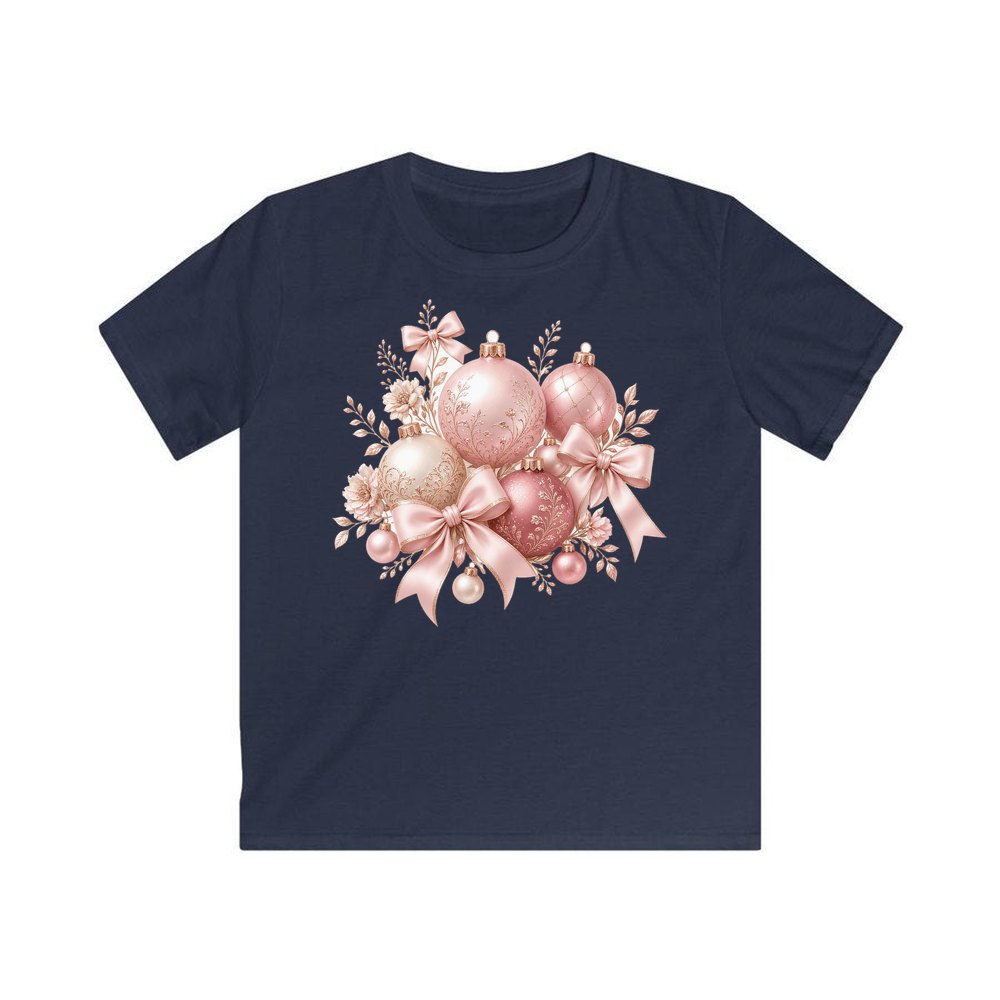 Pink and Rose Gold Baubles personalised kids Christmas tee in navy