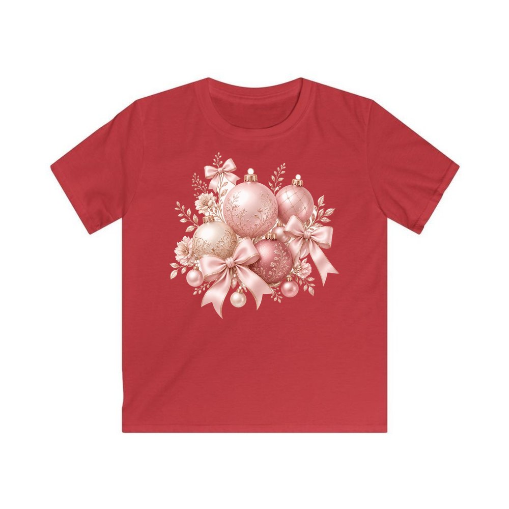 Pink and Rose Gold Baubles personalised kids Christmas tee in red