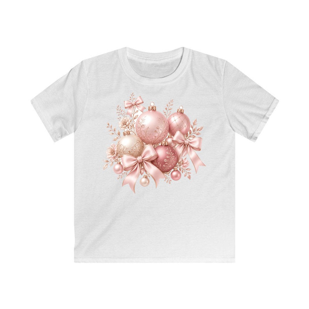 Pink and Rose Gold Baubles personalised kids Christmas tee in white