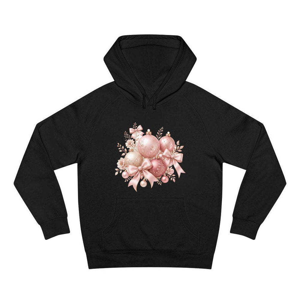 Pink and Rose Gold Baubles personalised Christmas hoodie in black