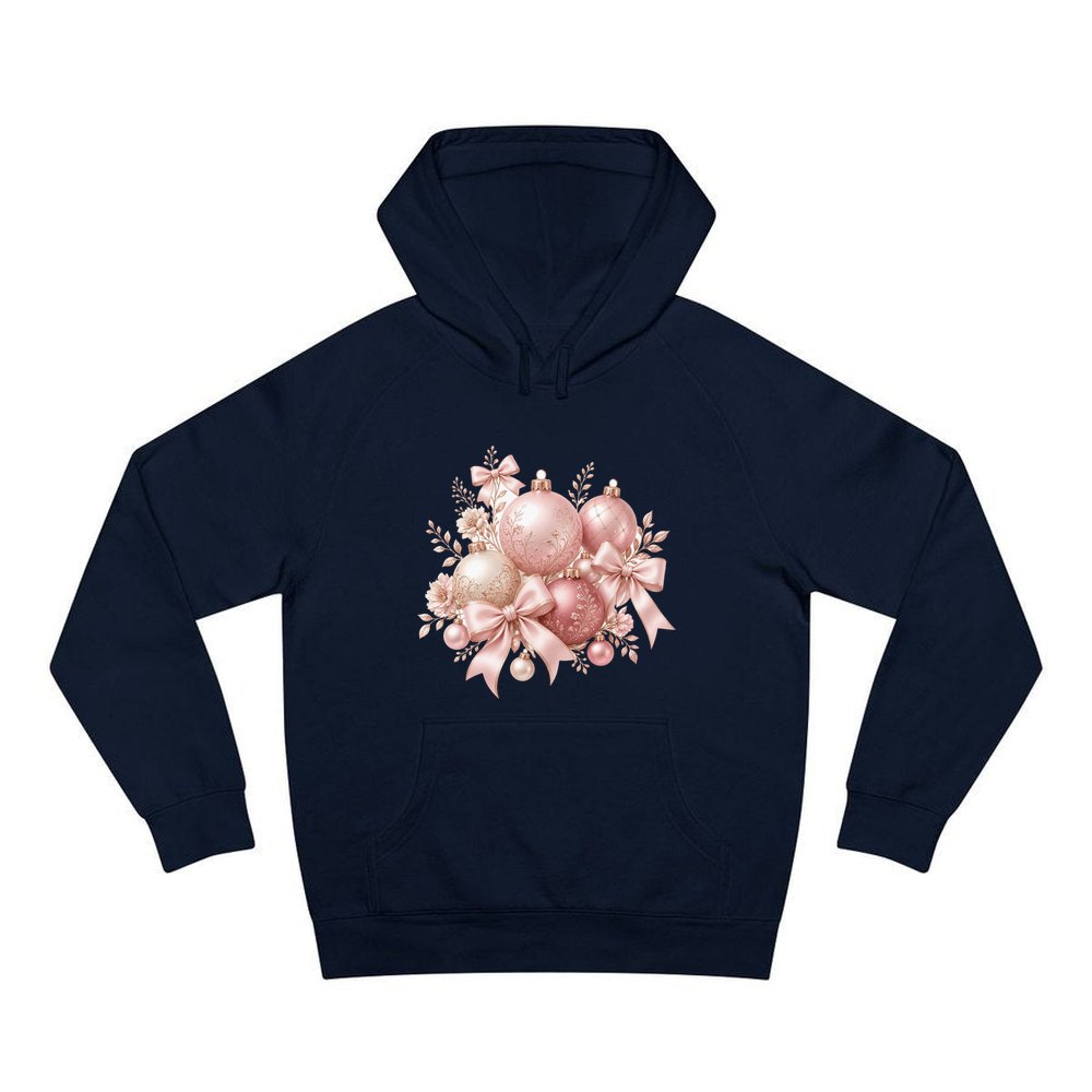 Pink and Rose Gold Baubles personalised Christmas hoodie in navy