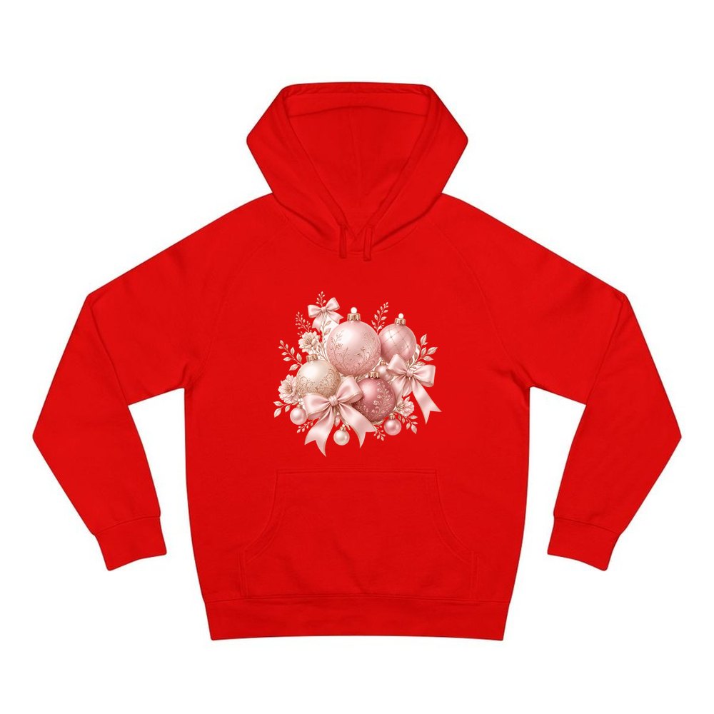Pink and Rose Gold Baubles personalised Christmas hoodie in red