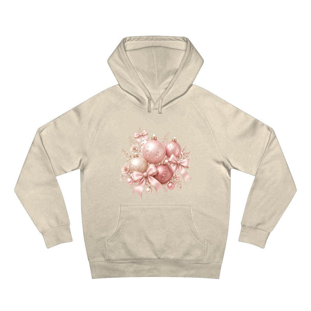 Pink and Rose Gold Baubles personalised Christmas hoodie in sand