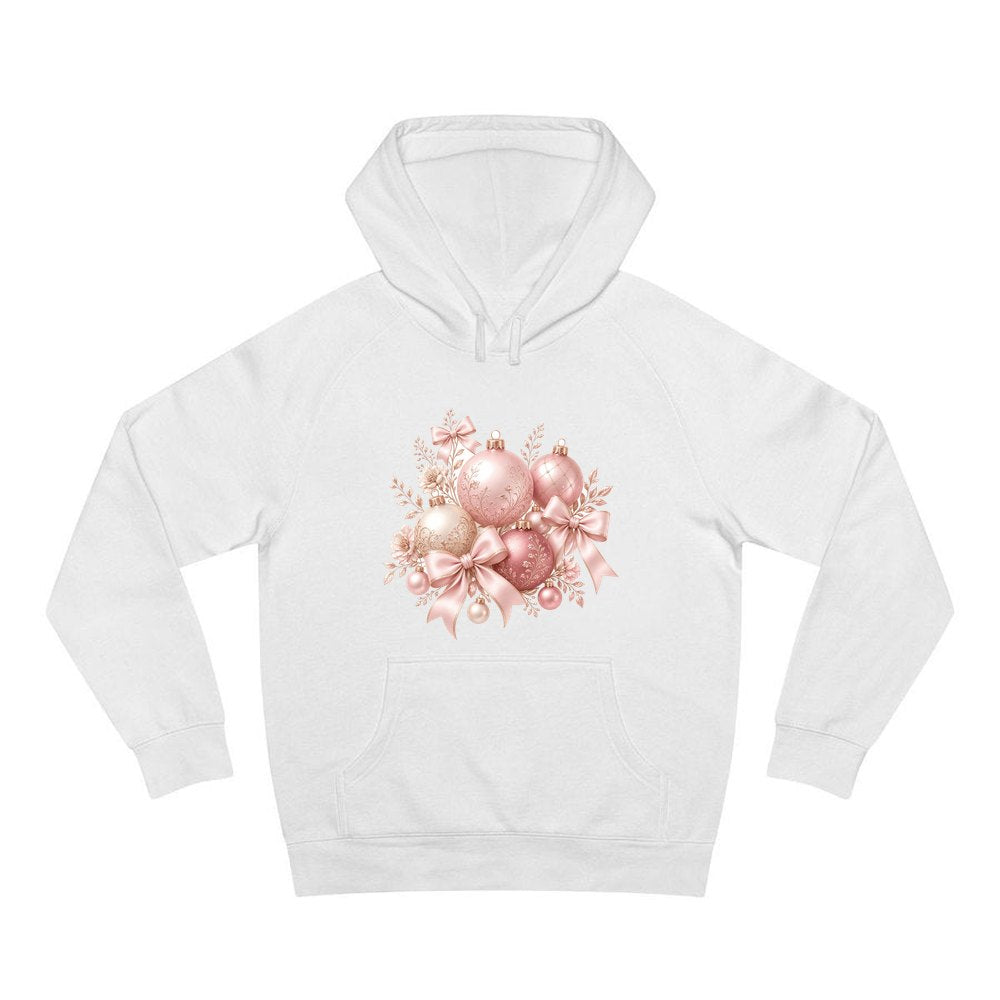Pink and Rose Gold Baubles personalised Christmas hoodie in white