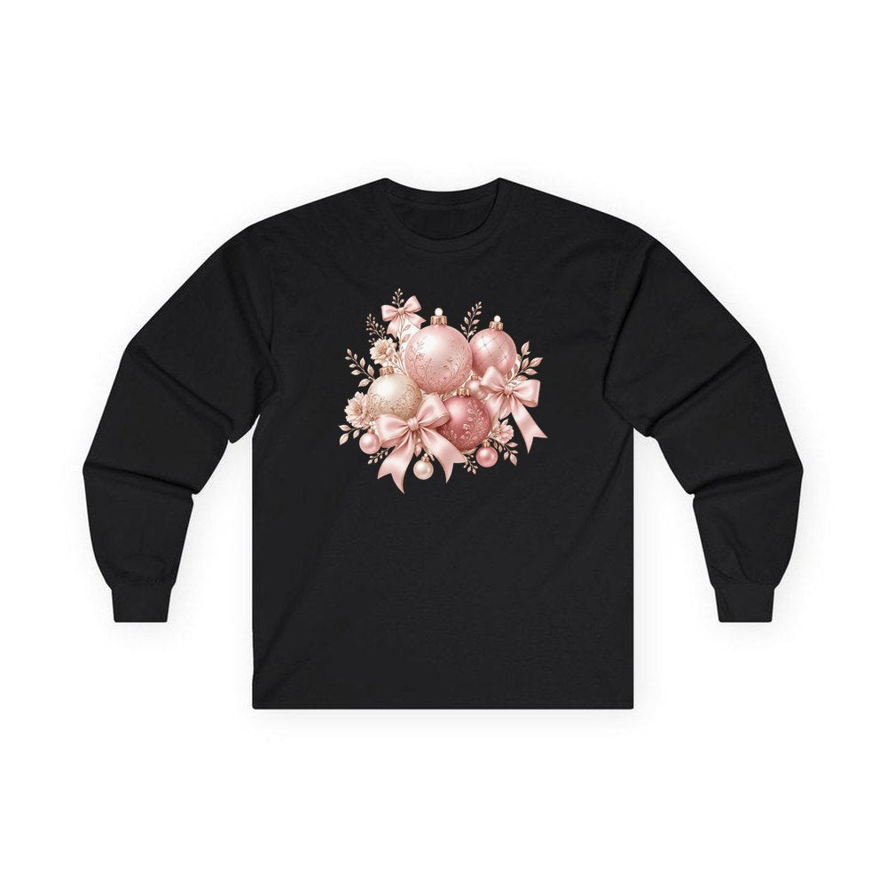 Pink and Rose Gold Baubles personalised long sleeve Christmas T-shirt in black