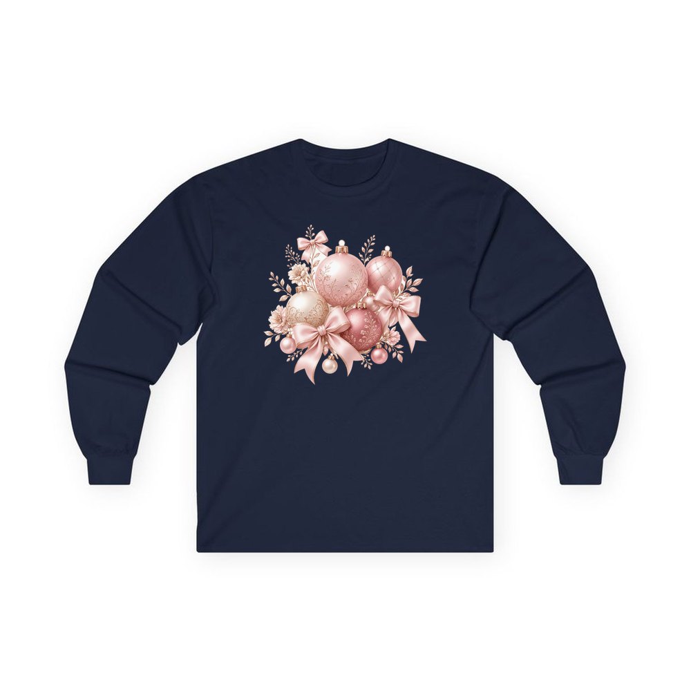 Pink and Rose Gold Baubles personalised long sleeve Christmas T-shirt in navy