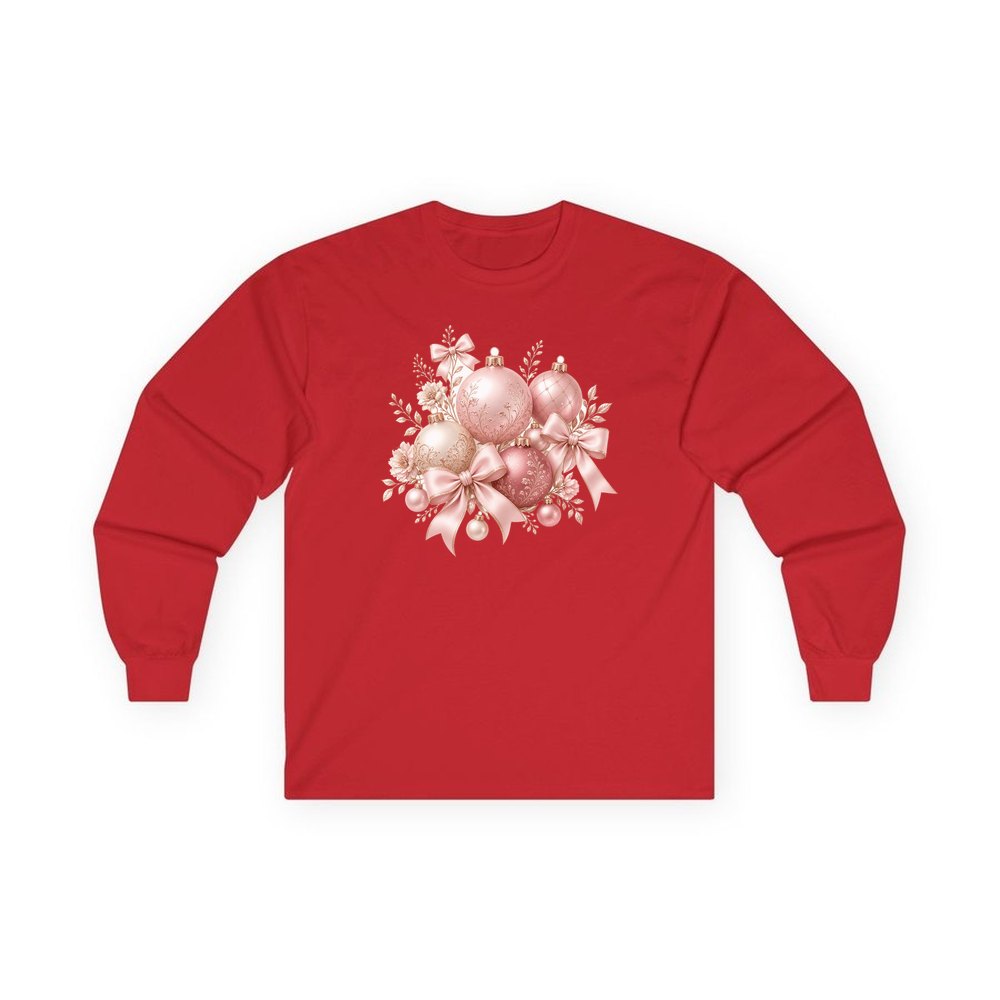 Pink and Rose Gold Baubles personalised long sleeve Christmas T-shirt in red