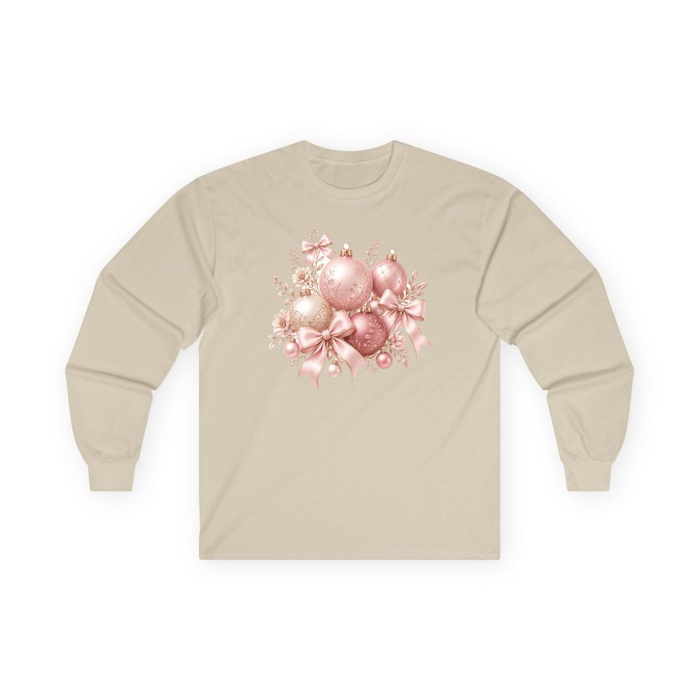 Pink and Rose Gold Baubles personalised long sleeve Christmas T-shirt in sand