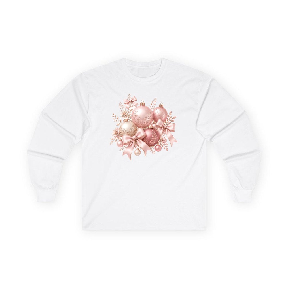 Pink and Rose Gold Baubles personalised long sleeve Christmas T-shirt in white