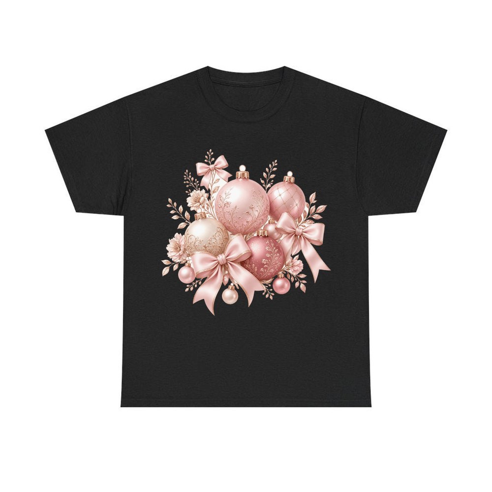 Pink and Rose Gold Baubles personalised Christmas T-shirt in black
