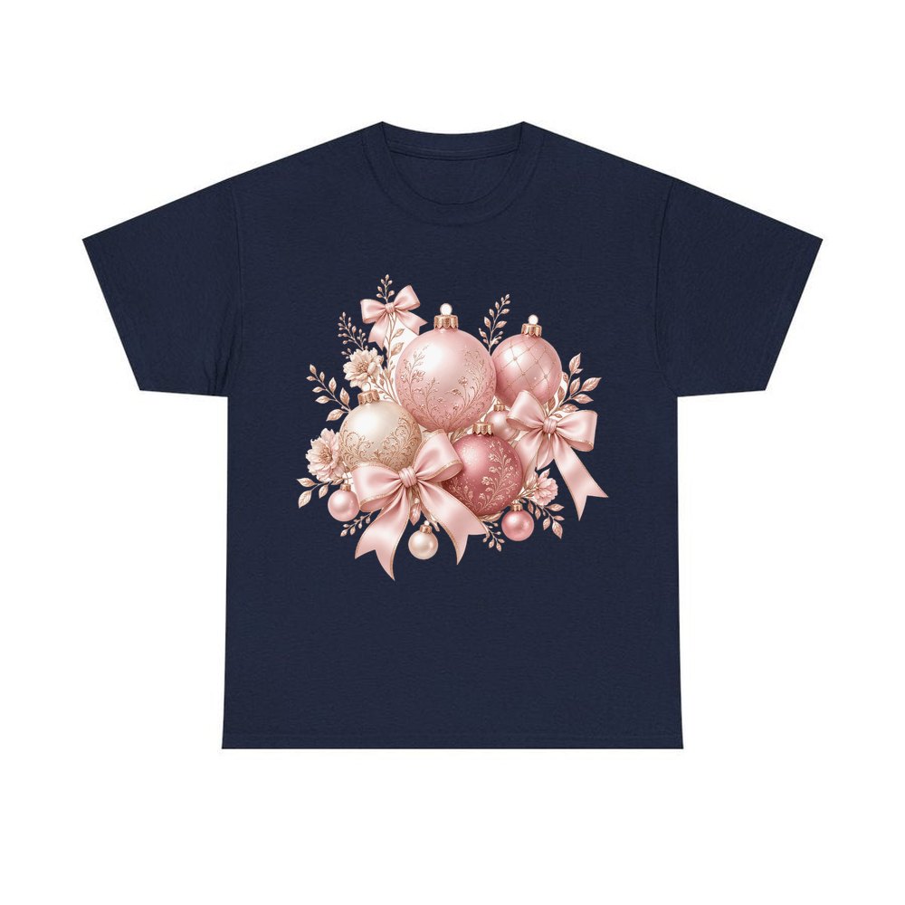 Pink and Rose Gold Baubles personalised Christmas T-shirt in navy