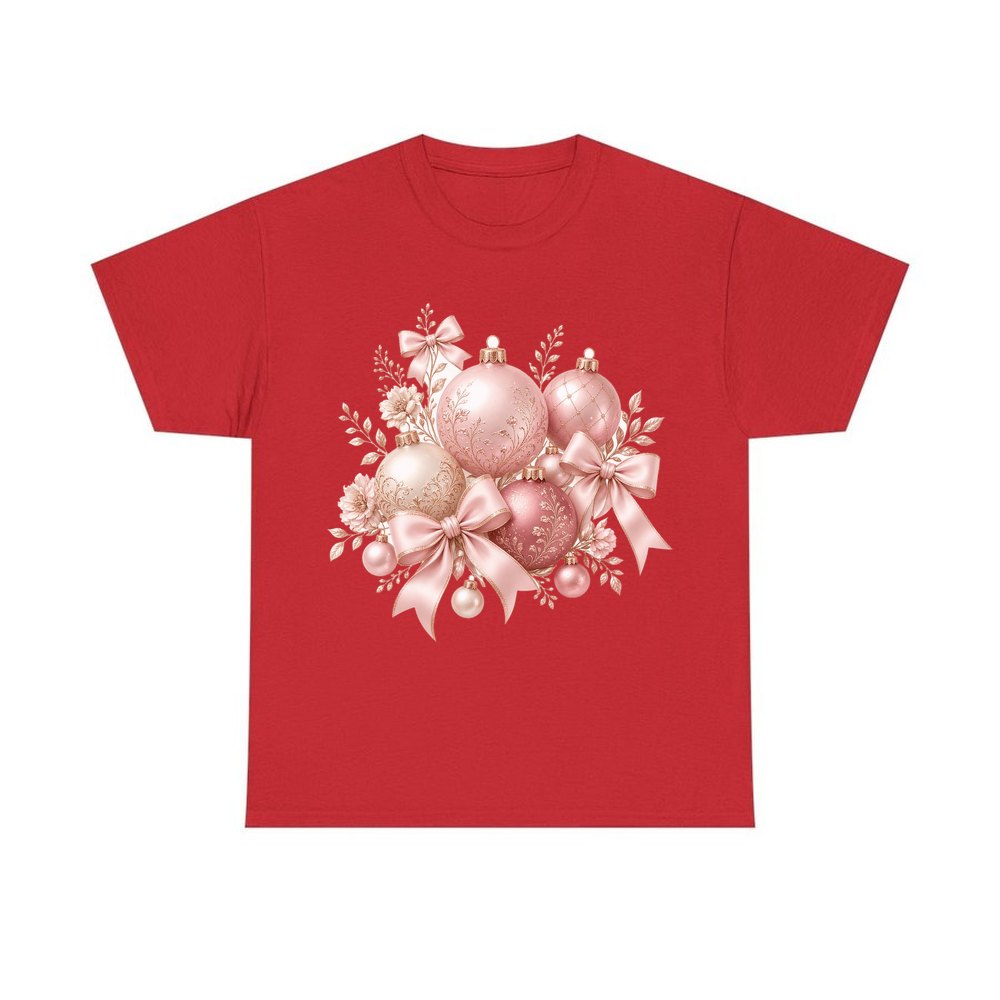 Pink and Rose Gold Baubles personalised Christmas T-shirt in red