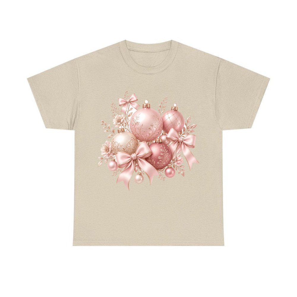 Pink and Rose Gold Baubles personalised Christmas T-shirt in sand