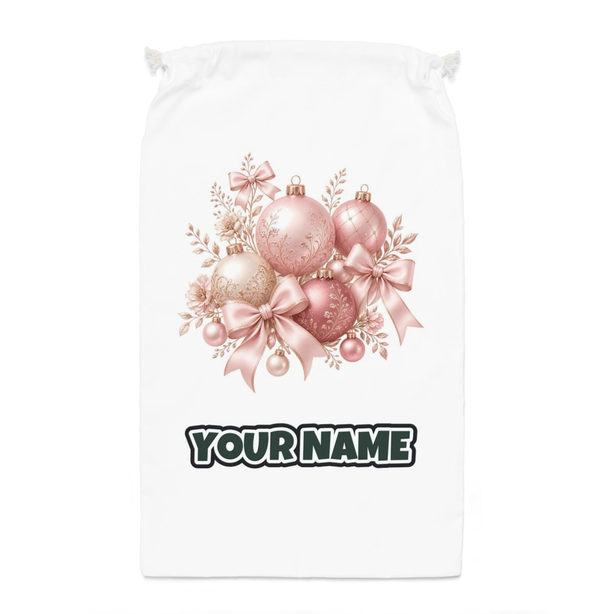 Pink and Rose Gold Baubles Santa sack laid flat, showing the full print