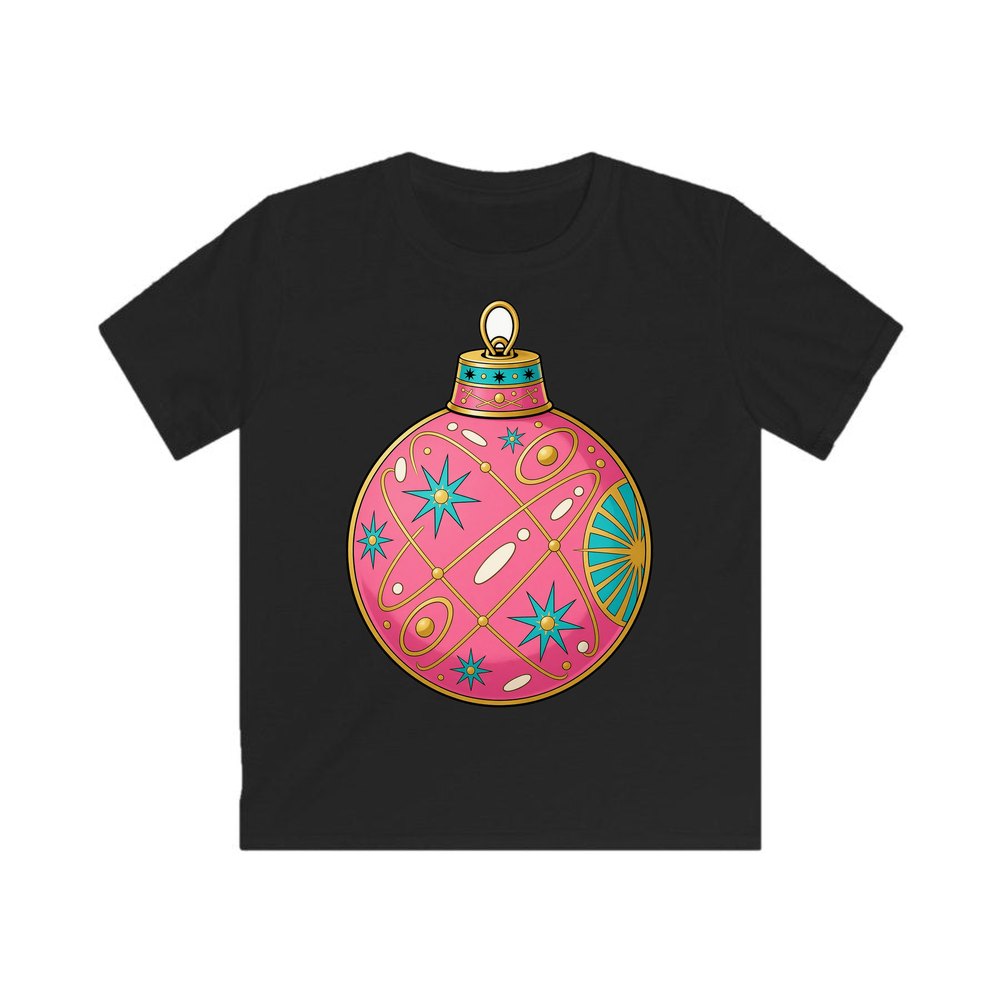 Pink Atomic Bauble personalised kids Christmas tee in black