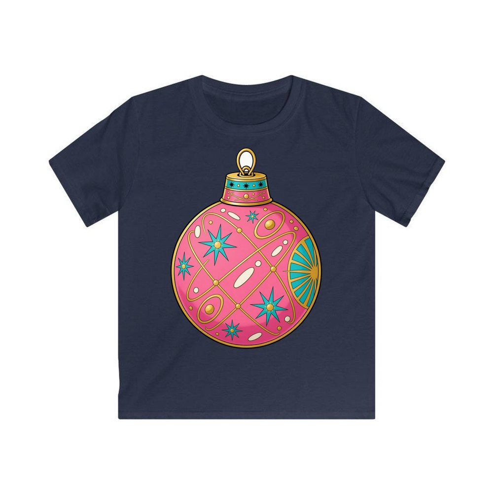 Pink Atomic Bauble personalised kids Christmas tee in navy