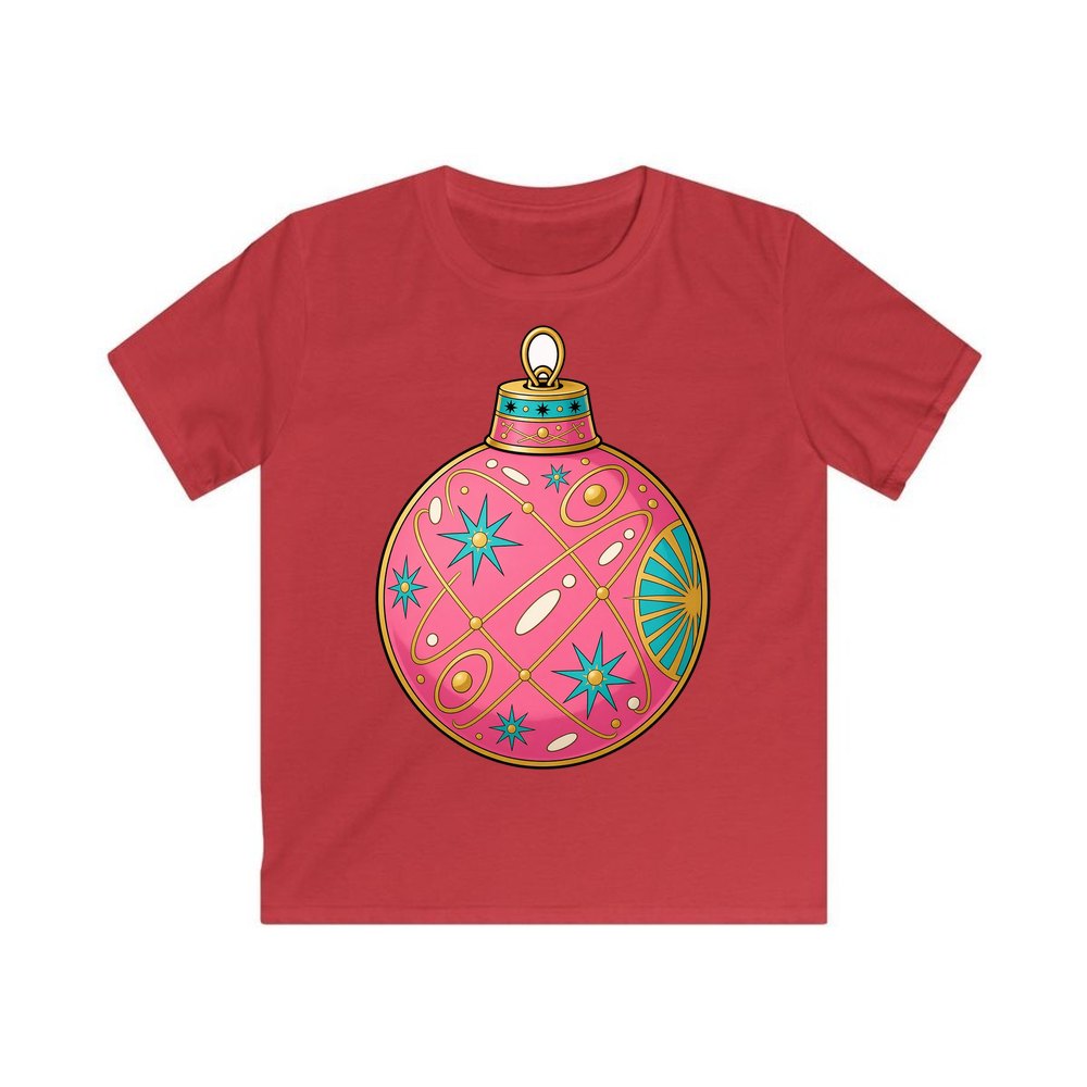 Pink Atomic Bauble personalised kids Christmas tee in red