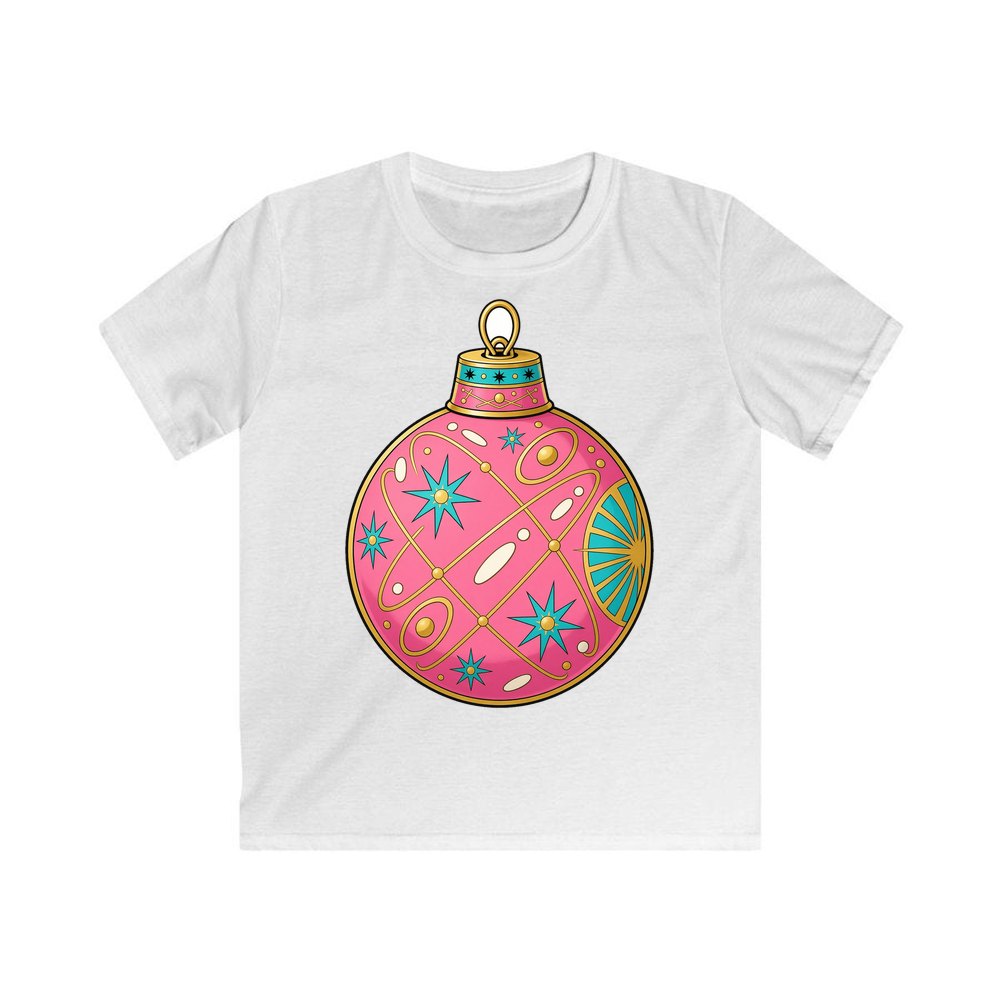 Pink Atomic Bauble personalised kids Christmas tee in white