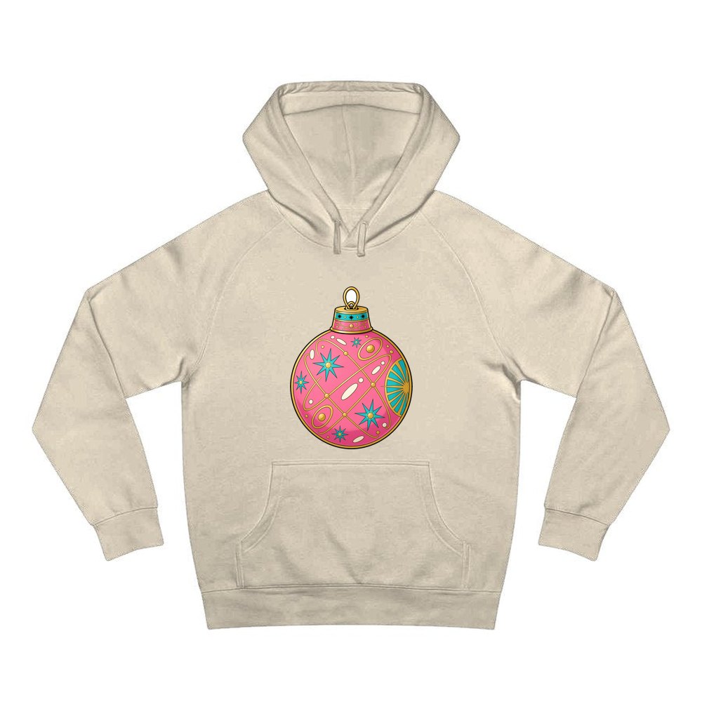 Pink Atomic Bauble personalised Christmas hoodie in sand