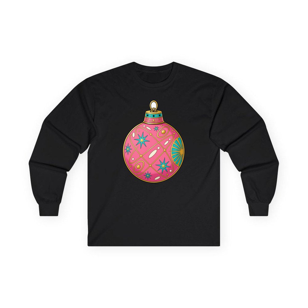 Pink Atomic Bauble personalised long sleeve Christmas T-shirt in black
