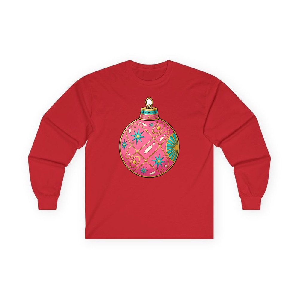 Pink Atomic Bauble personalised long sleeve Christmas T-shirt in red